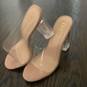 Clear chunk heel mules